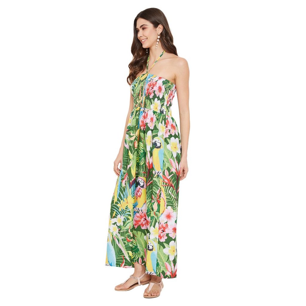 Leaf Print Green Polyester Tube Dress for Women - Picture 4 of 6